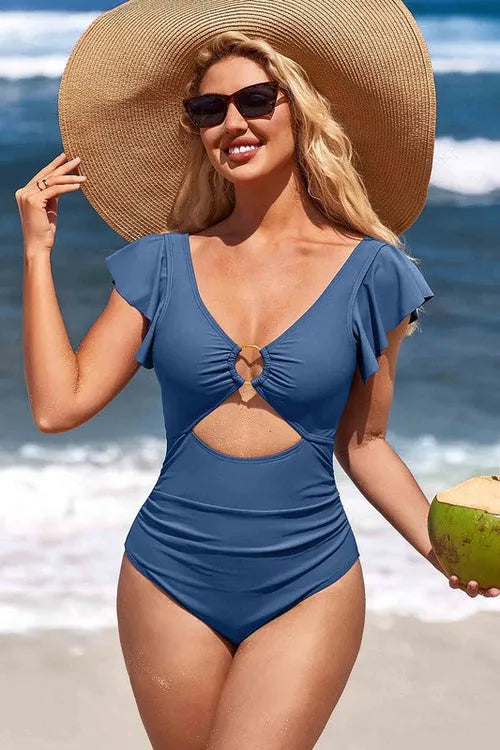 Ruffle Sleeve Swimsuit – O-Ring Cutout with Tummy Control